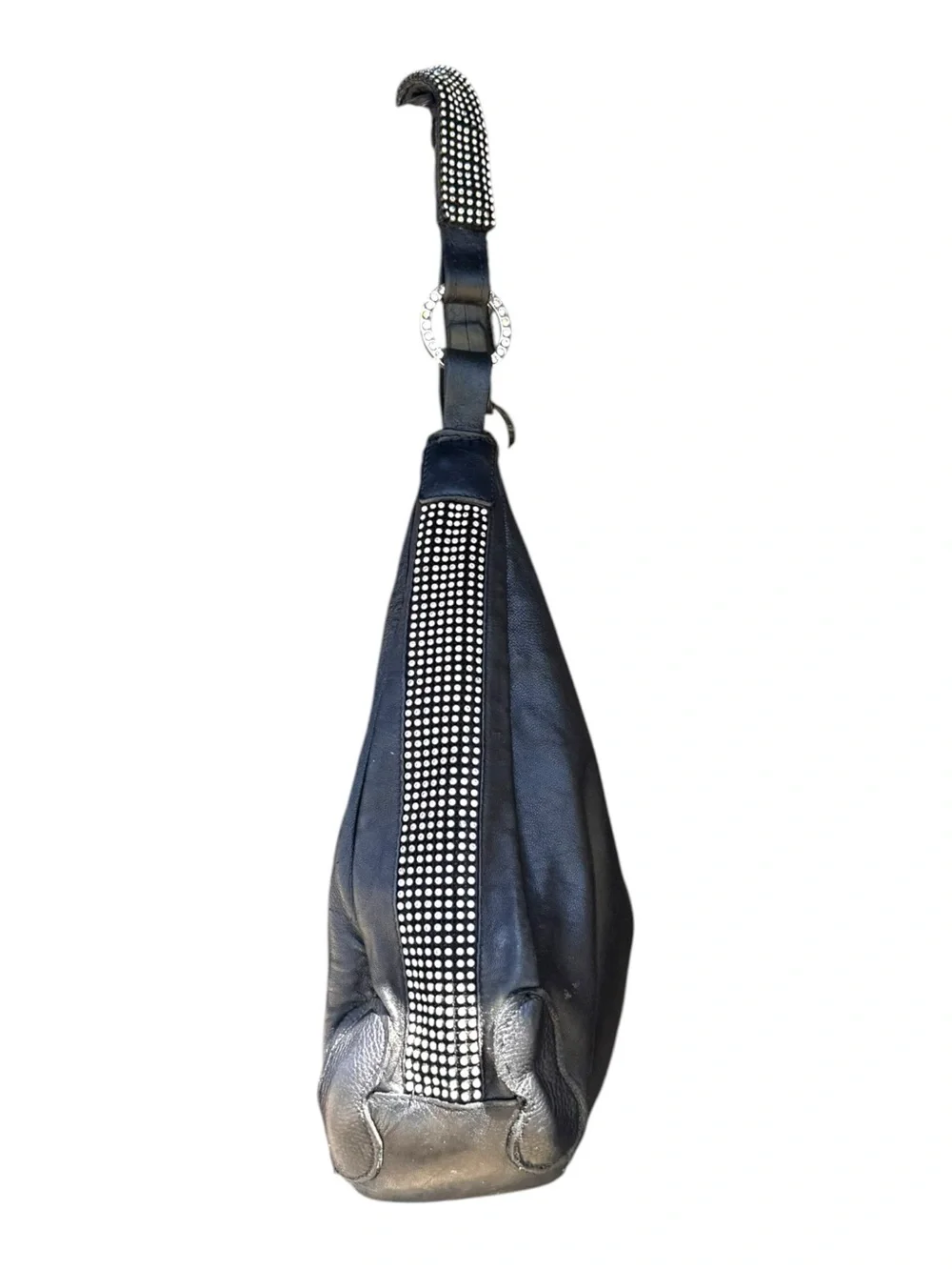 DXtouch Black Leather Hobo Bag Rhinestone Embellished Slouchy Shoulder Purse